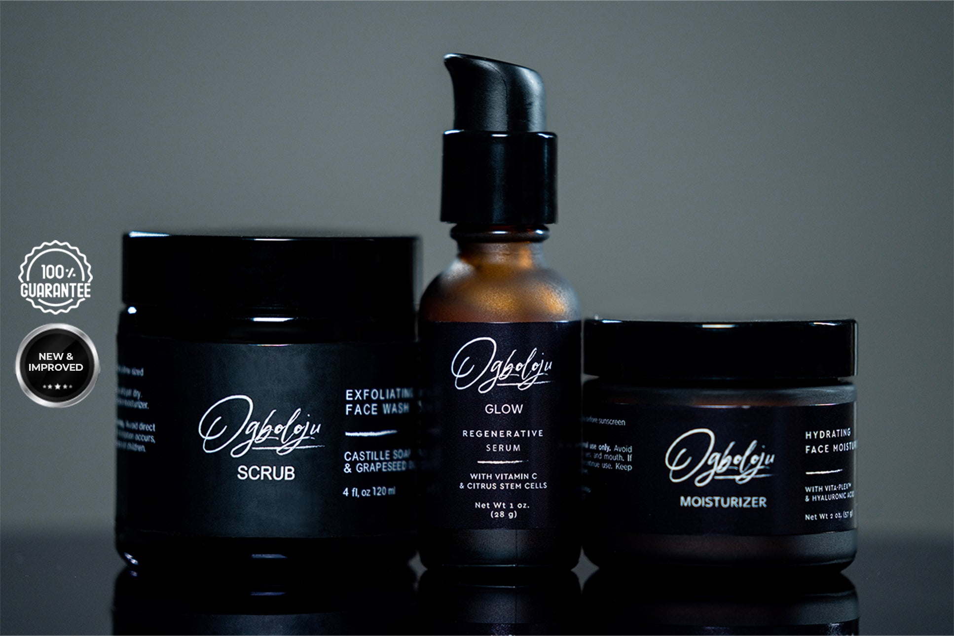 A grey background Landscape image of the Ogboloju 3-step-routine products; Exfoliating Facial wash/scrub, Vitamin C Regenerative Glow serum, hydrating lightweight gel Face moisturize.