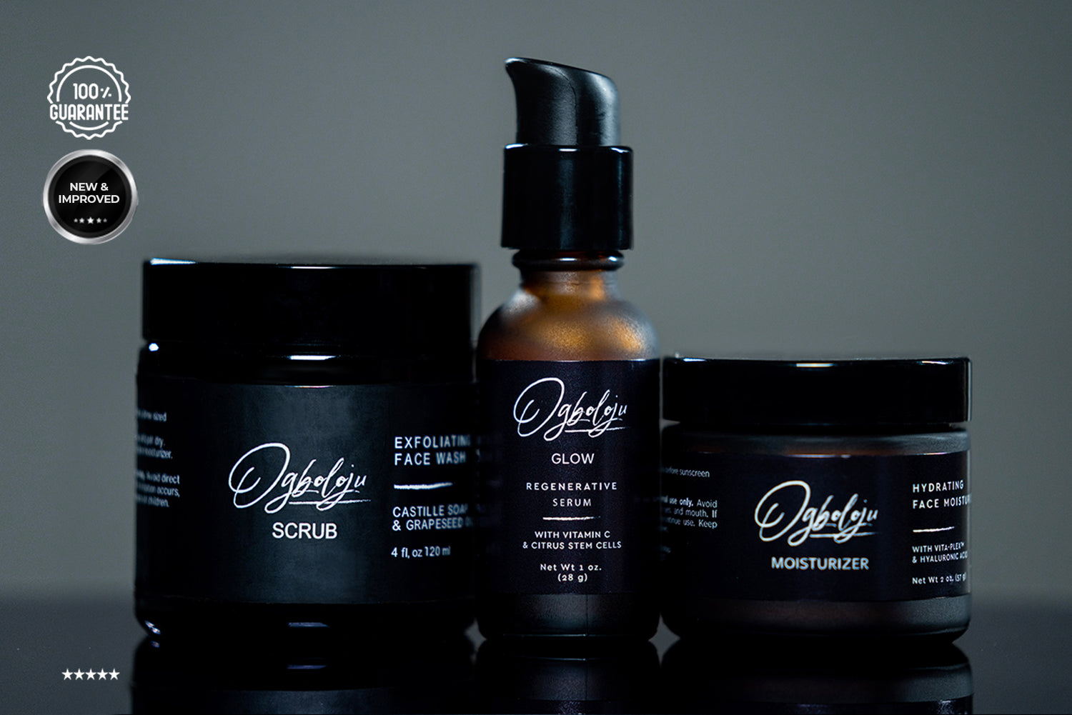 A grey background Landscape image of the Ogboloju 3-step-routine products; Exfoliating Facial wash/scrub, Vitamin C Regenerative Glow serum, hydrating lightweight gel Face moisturize