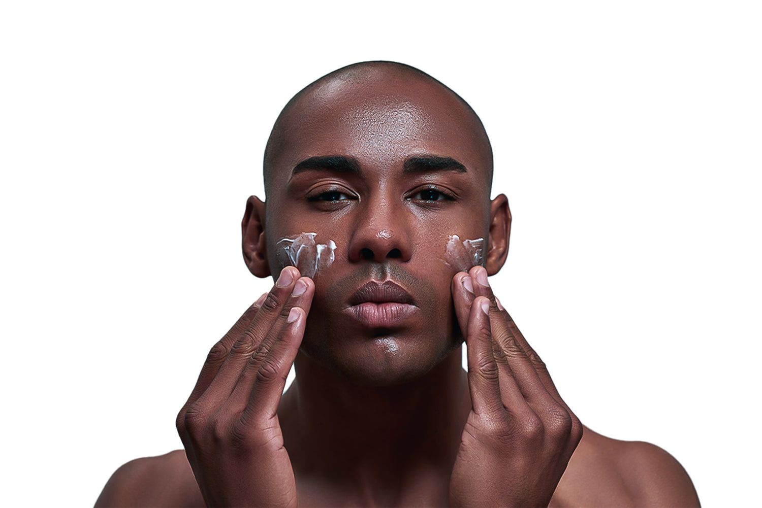 A White background image of a Man applying Ogboloju hydrating lightweight gel Face moisturizer on his face.